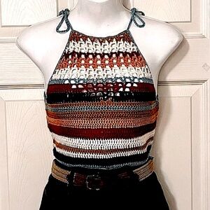 Striped Multi Color Crochet Macrame Knit Halter Top
